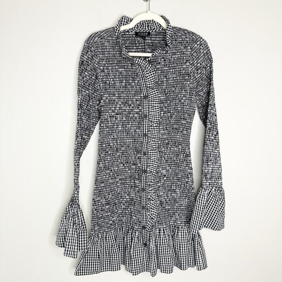 J Crew Black White Smocked Gingham Mini dress Ruffle Sleeves Small NEW - Picture 2 of 8